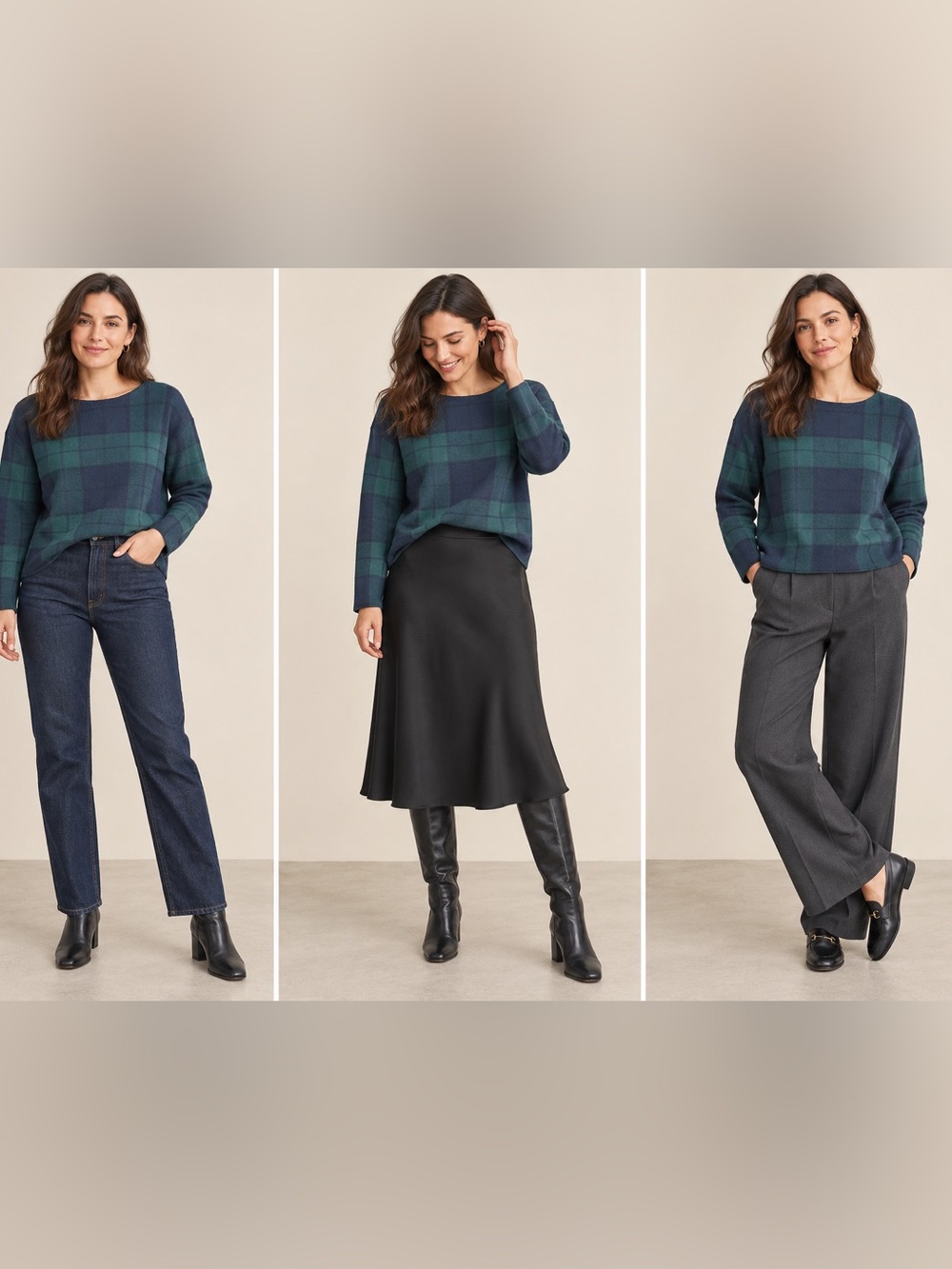 Tahari Navy Green Tartan Plaid Boat Neck Sweater Women’s M Dark Academia